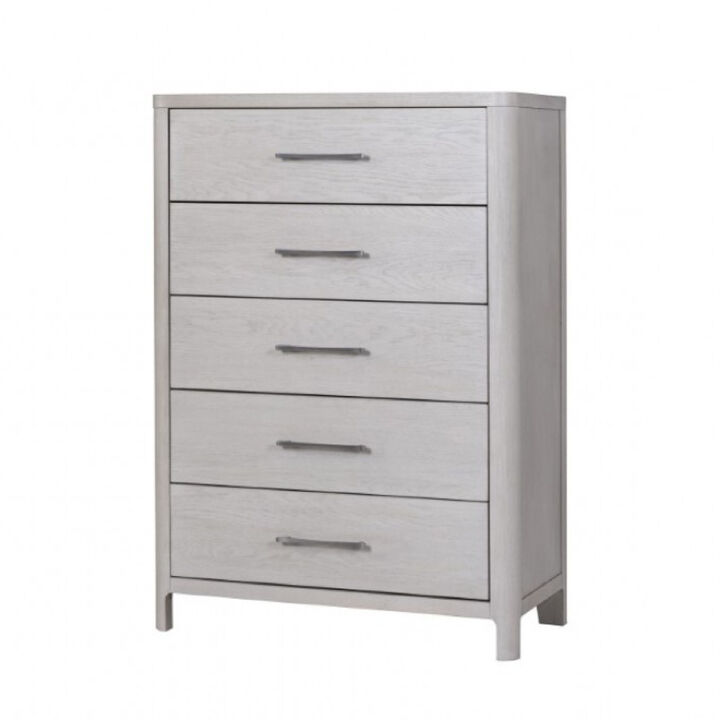 Reham Tall Dresser Chest, 5 Drawers, Pewter Handles, White Wash Brown - Benzara