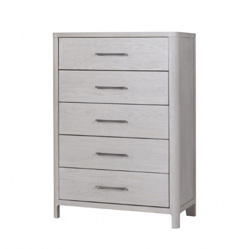 Reham Tall Dresser Chest, 5 Drawers, Pewter Handles, White Wash Brown - Benzara