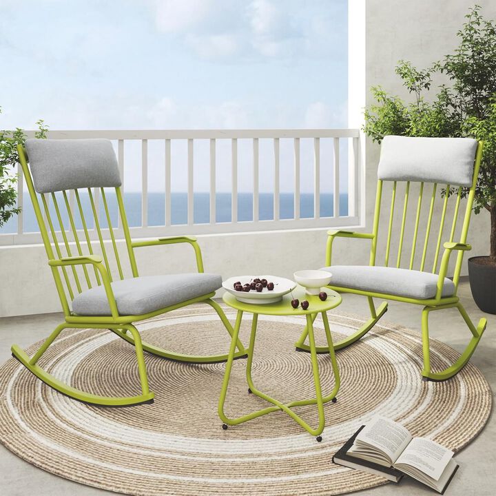 Mondawe Outdoor 3-Pcs Detachable Rocking Chair Set W/ Thick Cushions Seat & X-Shaped Base Side Table