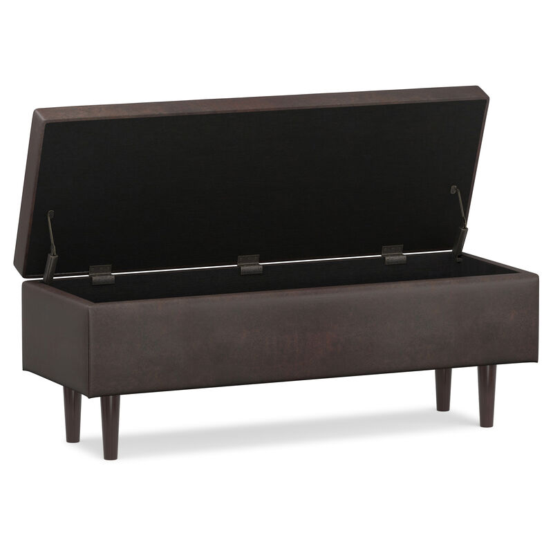 Shay Mid Century Rectangular Storage Ottoman in Distressed Chestnut Brown Faux Leather