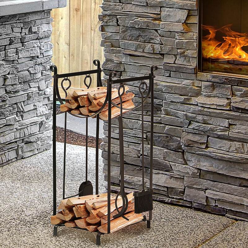Outsunny Firewood Rack with Fireplace Tools, Indoor Outdoor Firewood Holder, 30.25" Tall Build with 2-Tiers for Fireplace, Wood Stove, Hearth or Fire Pit, Includes Poker, Tongs, Broom, Shovel, Black