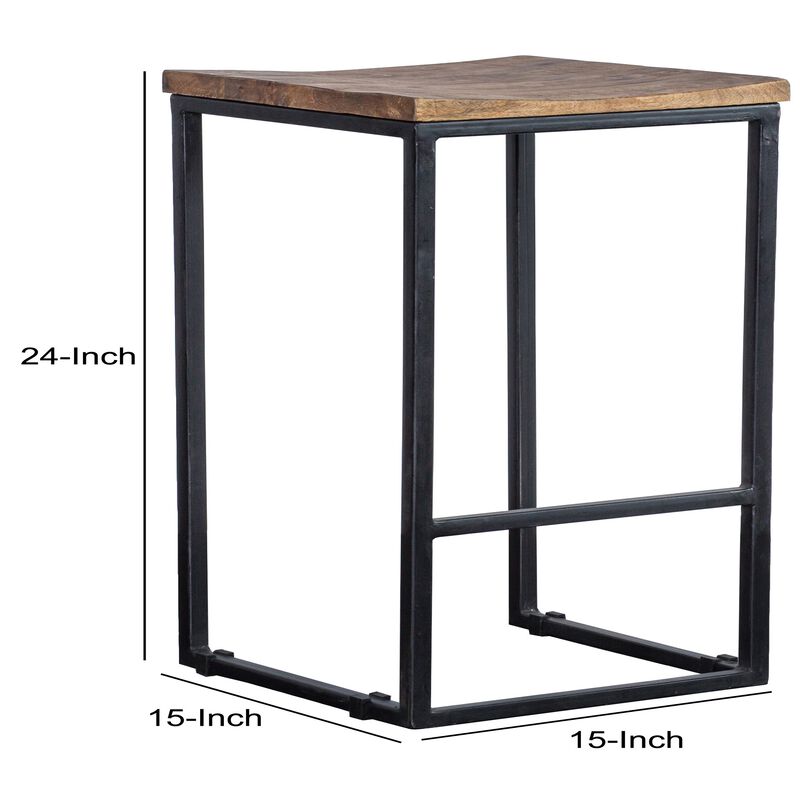 Iron Base Counter Height Stool with Wooden Saddle Seat, Brown and Black-Benzara