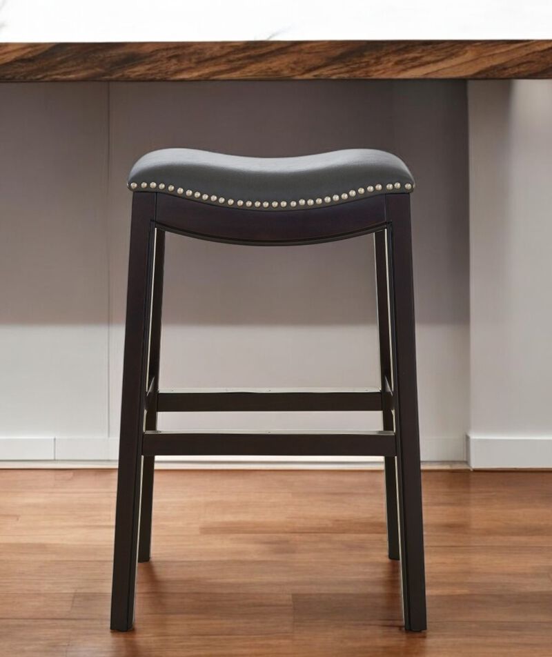 Hivvago 31 Inch Gray and Espresso Faux Leather and Solid Wood Backless Bar Height Bar Chair