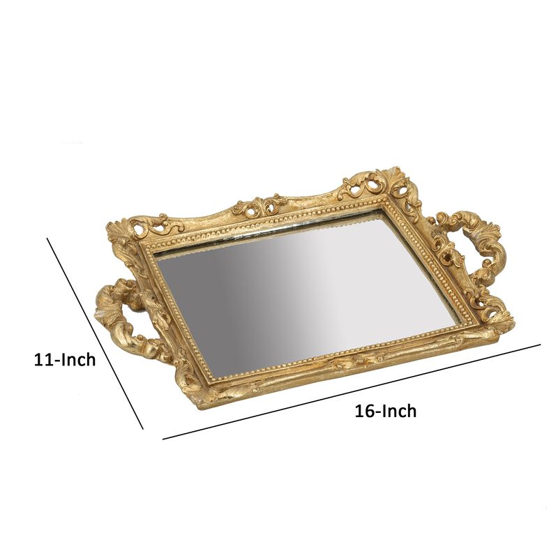 16 Inch Serving Tray, Decorative, Mirrored Bottom, Carved Gold Frame-Benzara