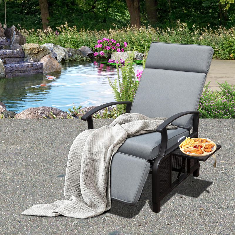 Mondawe Adjustable Patio Recliner Chair Metal Outdoor Lounge Chair with Flip Table Push Back, Adjustable Angle, With Removable Cushions