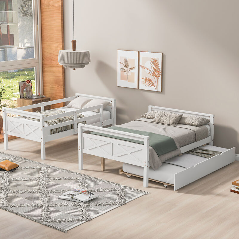 Whisen Twin over Full Bunk Bed with Ladder, Twin Size Trundle, Safety Guardrail - Gray