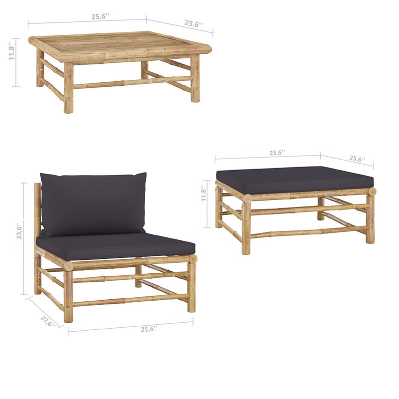 3pc Outdoor Modular Lounge Set, Table and Ottoman, Bamboo, Dark Gray - Benzara