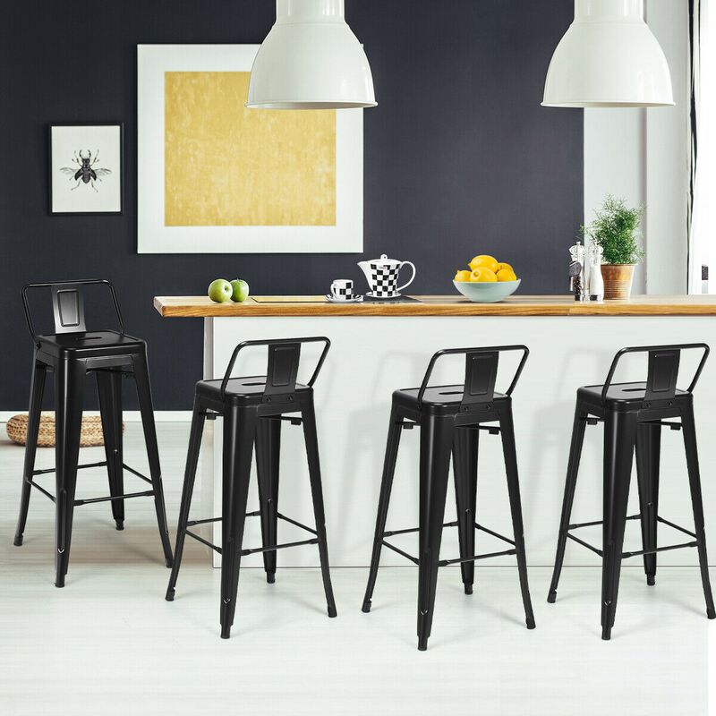 30 Inch Set of 4 Metal Counter Height Barstools with Low Back and Rubber Feet
