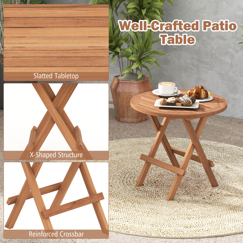 Round Patio Folding Coffee Table Teak Wood with Slatted Tabletop image number 5