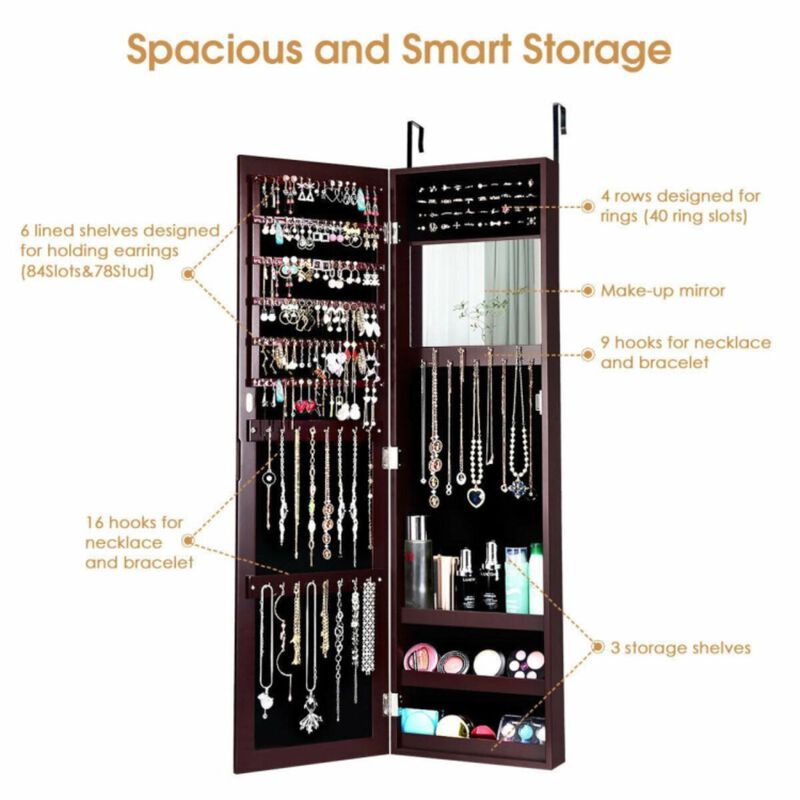 Hivvago Full Length Mirror Jewelry Cabinet with Ring Slots and Necklace Hooks