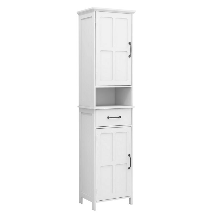 65 Inch Tall Standing Cabinet with 1 Open Shelf, Black Metal Handles, White-Benzara