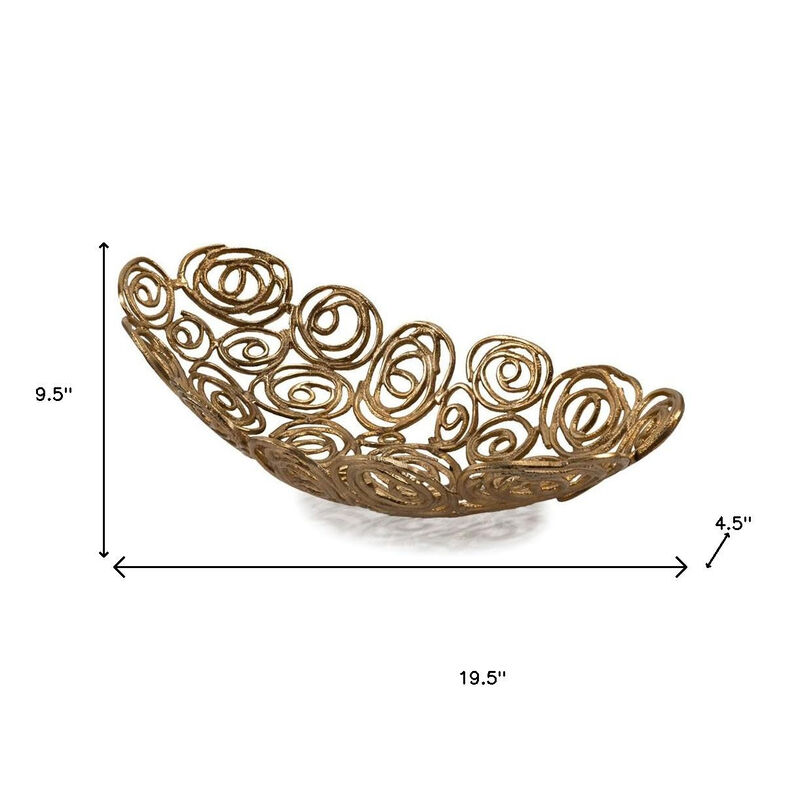 HomeRoots 20" Gold Aluminum Abstract Circles Oval Decorative Bowl image number 4