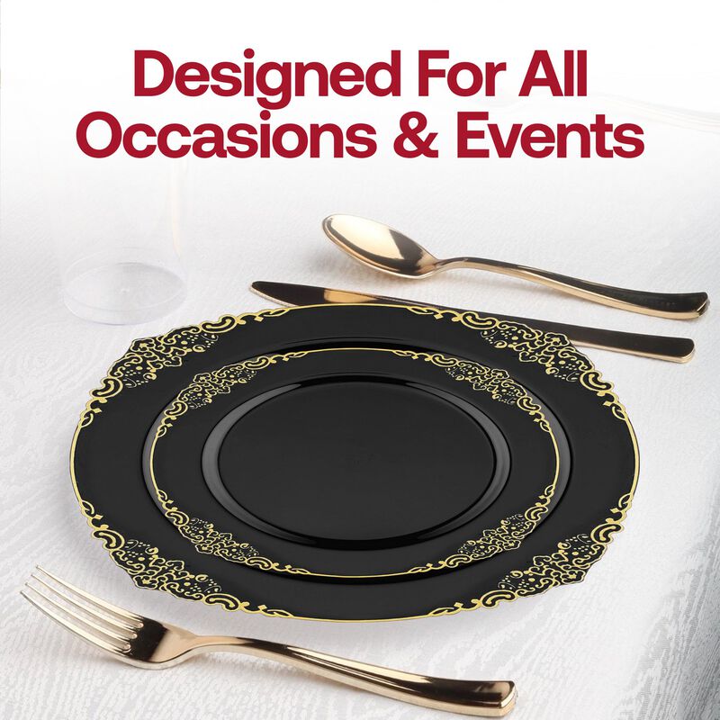 Black with Gold Fancy Round Plastic Wedding Value Set (120 Sets) image number 6