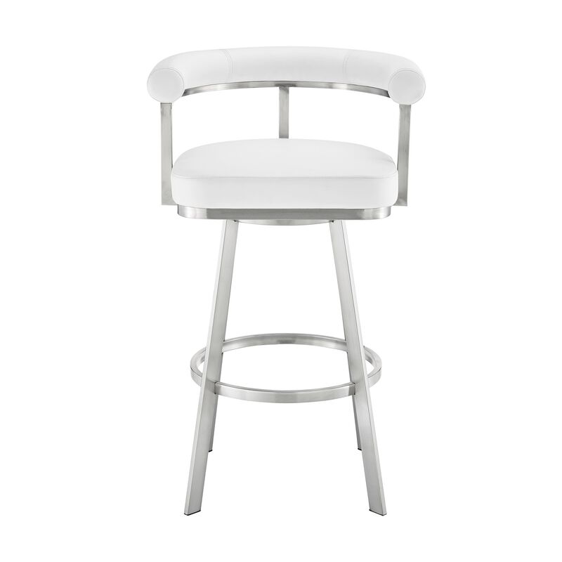 Weni 30 Inch Swivel Barstool Chair, Barrel Open Back, White, Steel Frame