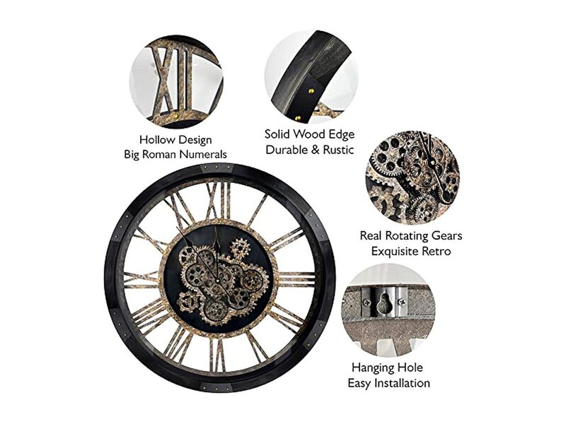 Real Moving Gears Toughened Glass Solid Wall Clock 27 Inch Wood Black Rustic image number 2