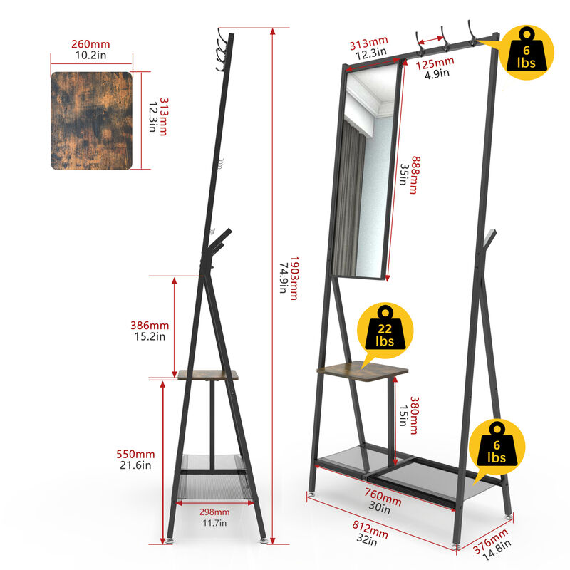 GOODSILO Multifunctional Hall Tree Coat Rack with Integrated Mirror and Shoe Storage, Sturdy Metal Frame Entryway Organizer for Living Room and Bedroom image number 2