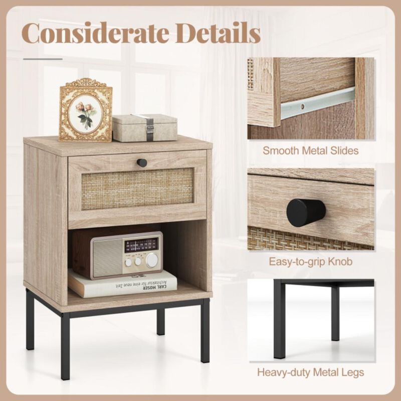 Hivvago Rattan Nightstand Boho End Table with Rattan Drawer and Open Shelf Set of 2