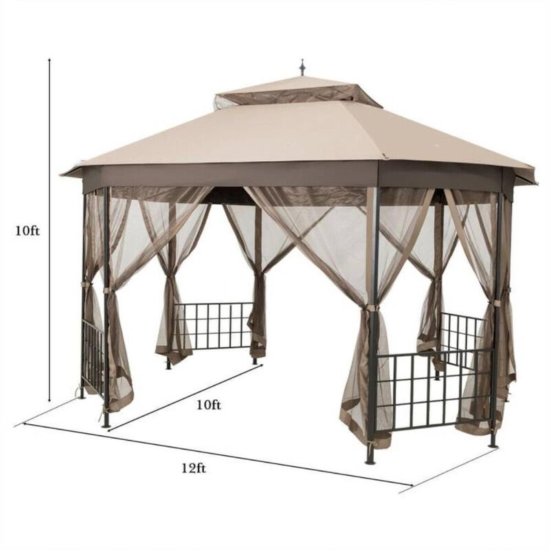 Hivvago Outdoor 10 x 12 Ft Octagon Gazebo with Mosquito Net Sidewalls and Beige Canopy