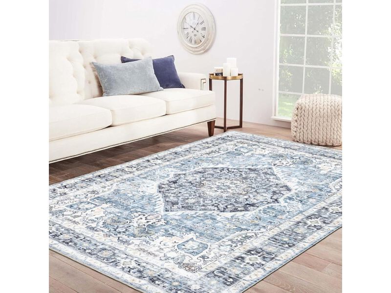 Light Blue Vintage Boho Rug 8x10 Washable Non Slip Living Room Carpet image number 1