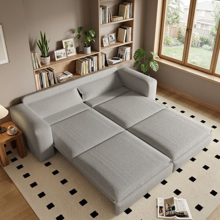 Whisen 93" King Size Sleeper Sofa, 3-Seat Teddy Fabric Convertible Couch with 2 Lumbar Pillows