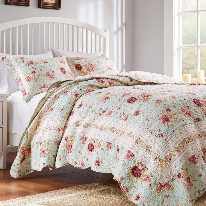 Greenland Home Antique Rose Floral Pinstripe with Dainty Scrolling Embellishments Quilt Set 3-Piece Full/Queen Blue