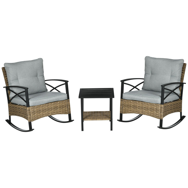 Outsunny 3 Piece Patio Rocking Chair Set, Outdoor Wicker Bistro Set with 2 Cushioned Porch Rockers, 2 Tier Coffee Table, for Gaden, Patio, Light Gray