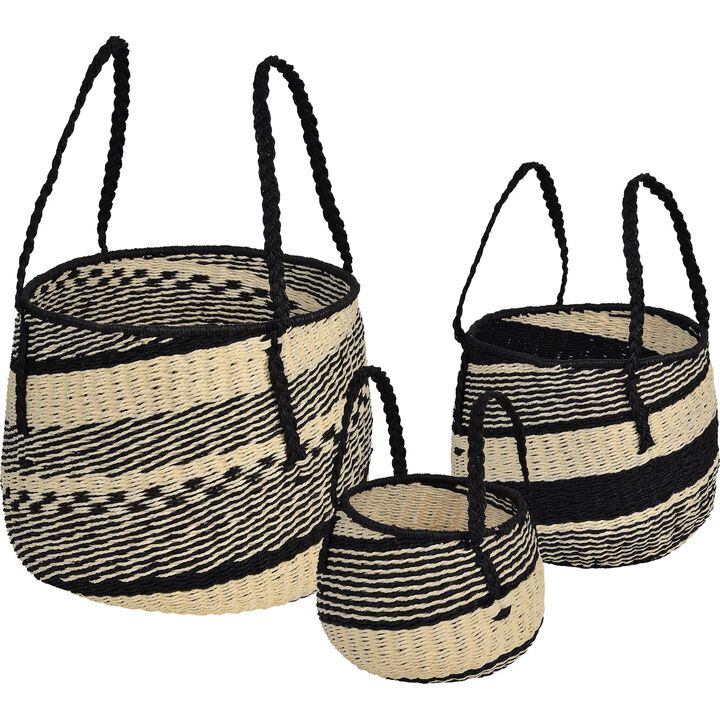 Set of 3 Cream White and Black Woven Storage Baskets 16"