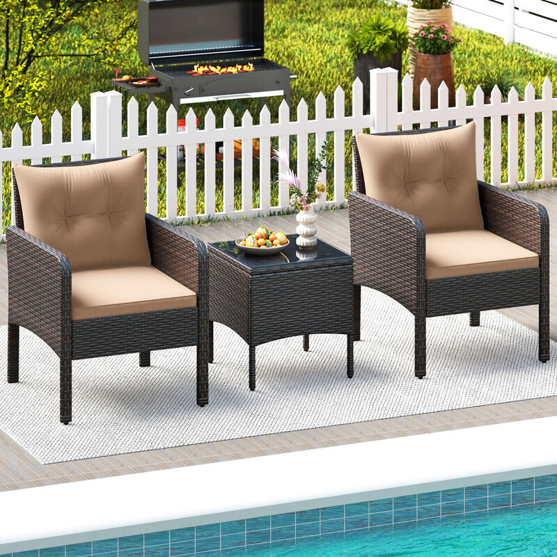 3-Piece Patio Wicker Furniture Set with Cushions for Balcony and Porch image number 7