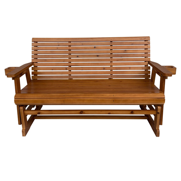 Wooden Patio Glider Bench with Cup Holders, High Roll Back and Deep Contoured Seat, Heavy Duty 800 Lb for Outdoor Porch Garden (3-Person)