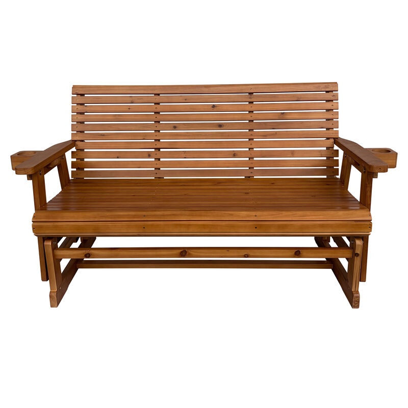 Wooden Patio Glider Bench with Cup Holders, High Roll Back and Deep Contoured Seat, Heavy Duty 800 Lb for Outdoor Porch Garden (3-Person) image number 0