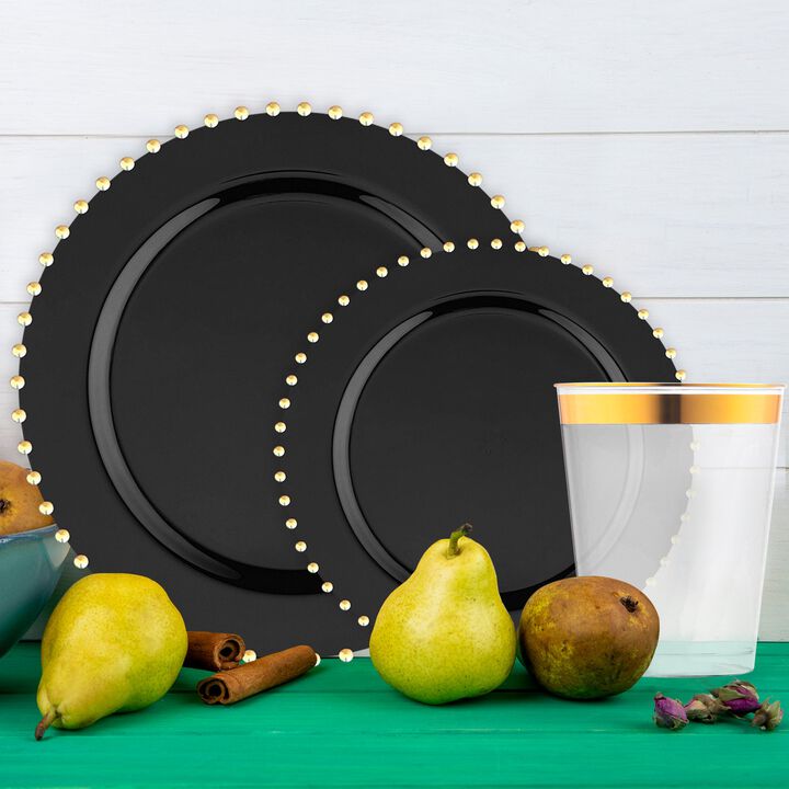 Black with Gold Pearl String Round Plastic Tableware Set (60 Sets)