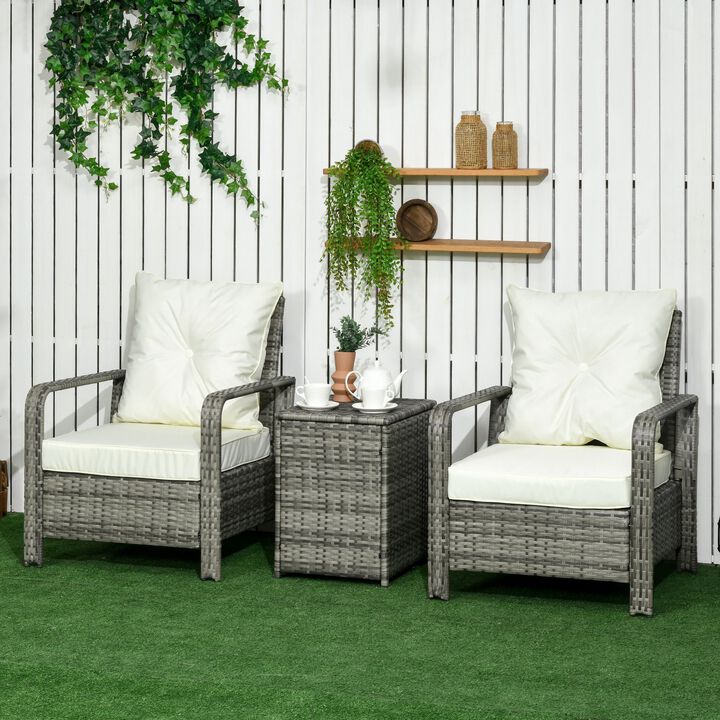 3 PCS Rattan Wicker Bistro Set with Storage Table, Patio Furniture Set Outdoor Sofa Set with Washable Cushion, Conversation Set for Garden Balcony Porch, Beige