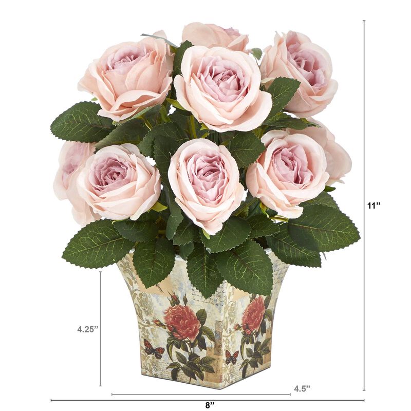 Nearly Natural 11-in Rose Artificial Arrangement in Floral Vase