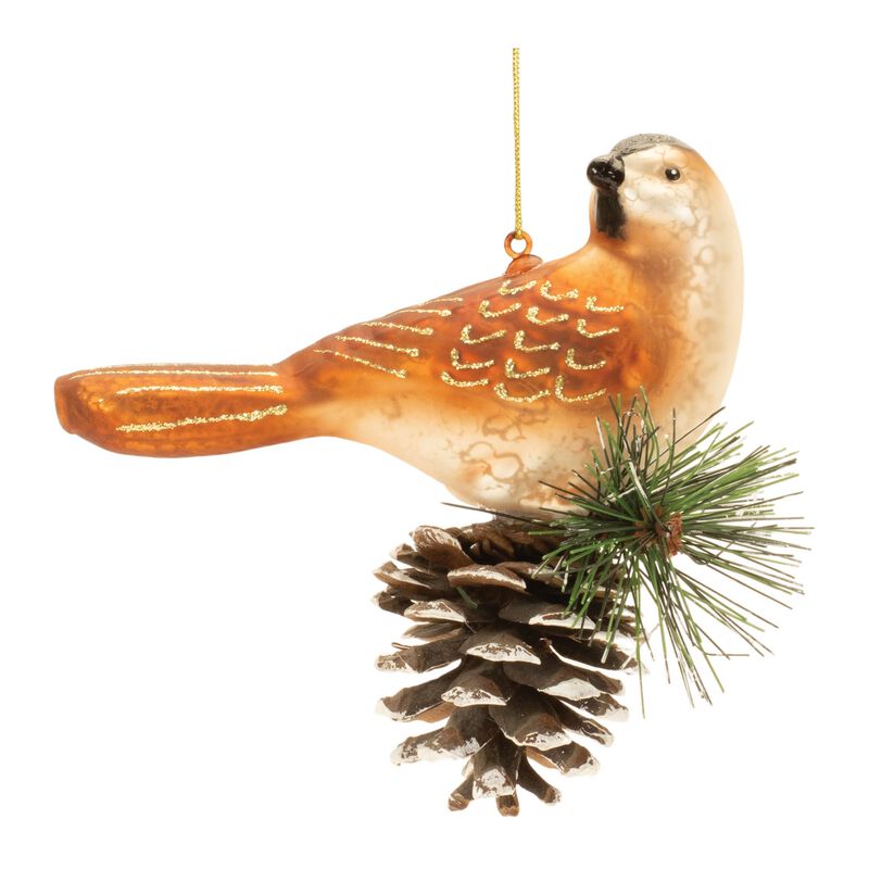 Woodland Christmas Ornaments Set – 6 Glittered Glass Bird and Pinecone Tree Decorations