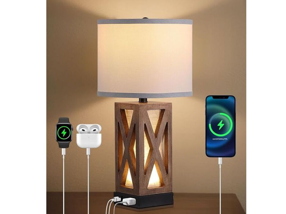 Wood Table Lamp &ndash; Vintage Farmhouse Style with USB-C, AC Outlet, Linen Shade