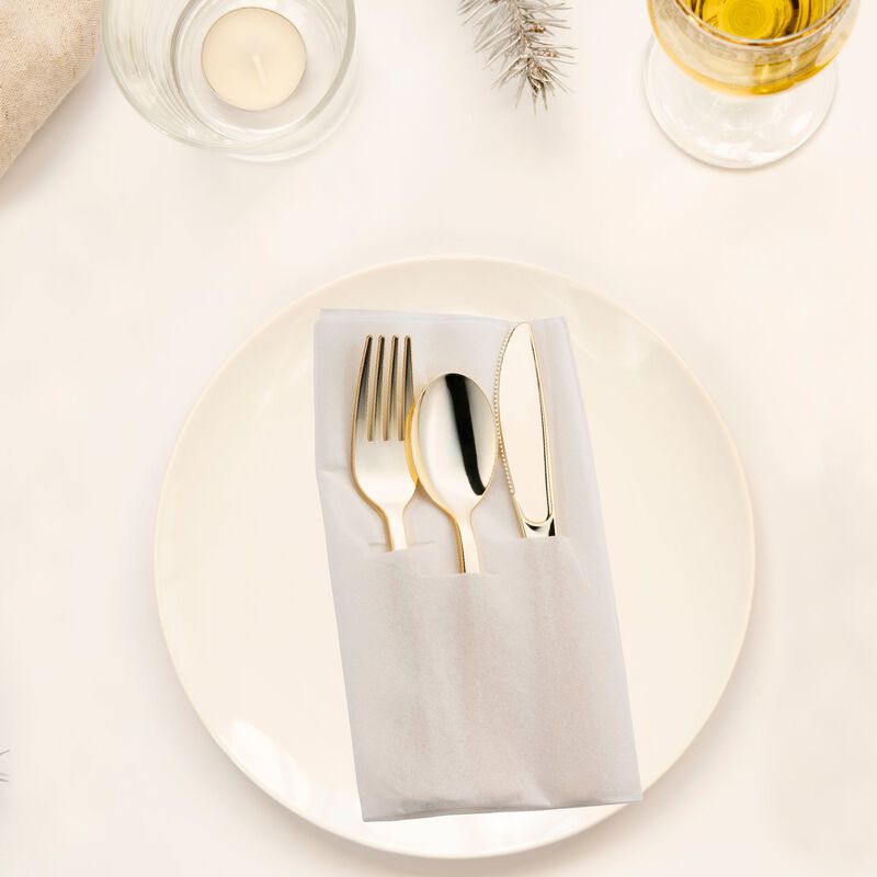 Gold Plastic Cutlery in White Pocket Napkin Set (70 Sets) image number 1
