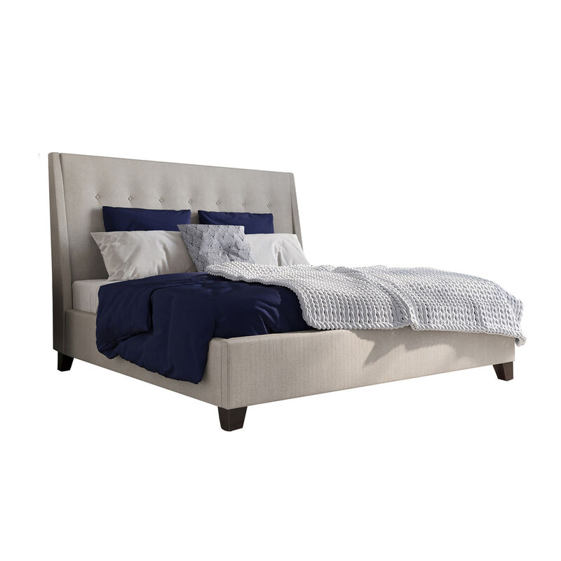 Atina California King Platform Bed, Button Tufted Beige Linen Upholstery - Benzara