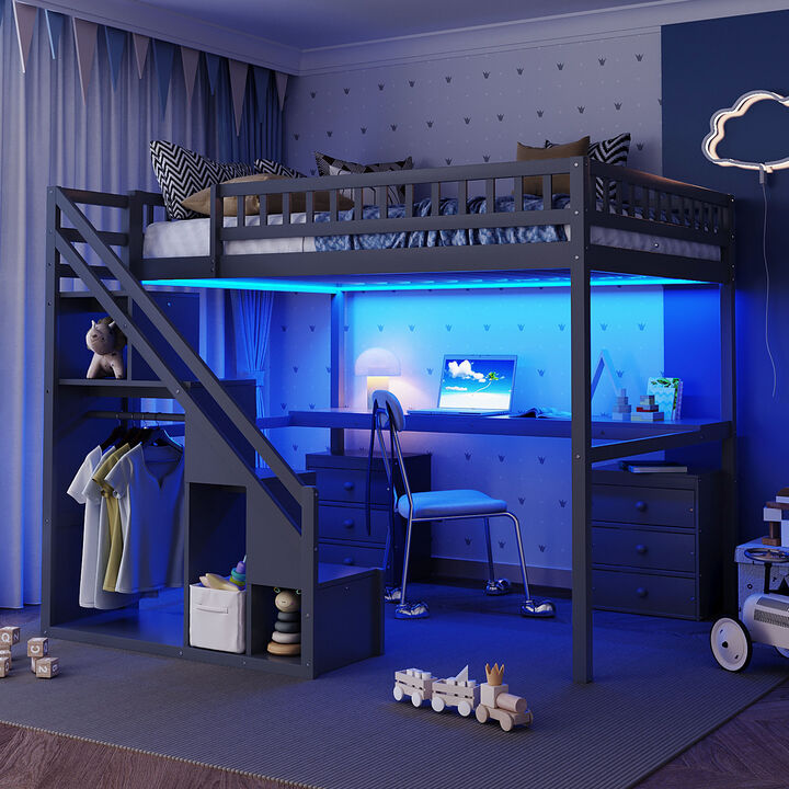 Merax Full Size Loft Bed with Independent Staircase, Desk and LED Lights