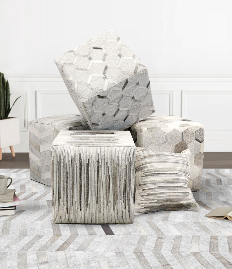 Pasargad Home Galaxy Cowhide Ottoman, Silver image number 1