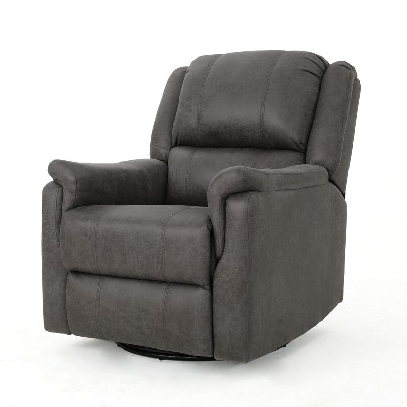 Swivel Manual Reclining Chair, Pillow Cushions, Smooth Gray Fabric - Benzara
