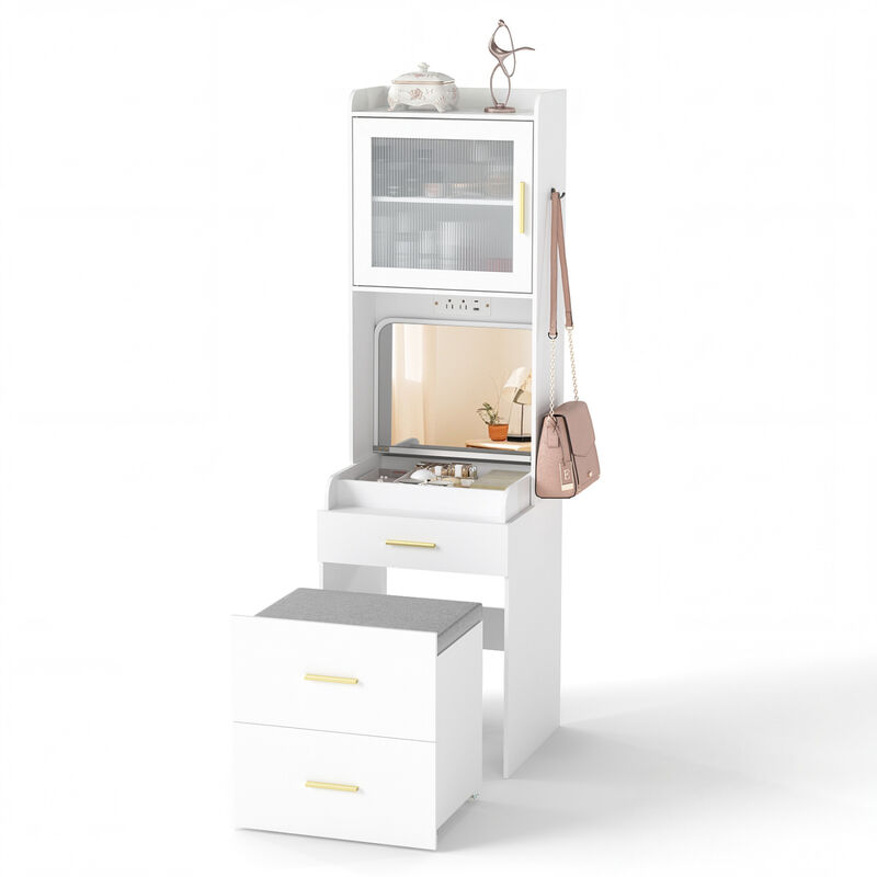Bedroom Vanity Desk with Flip Top Mirror Power Outlets and Storage Stool image number 4