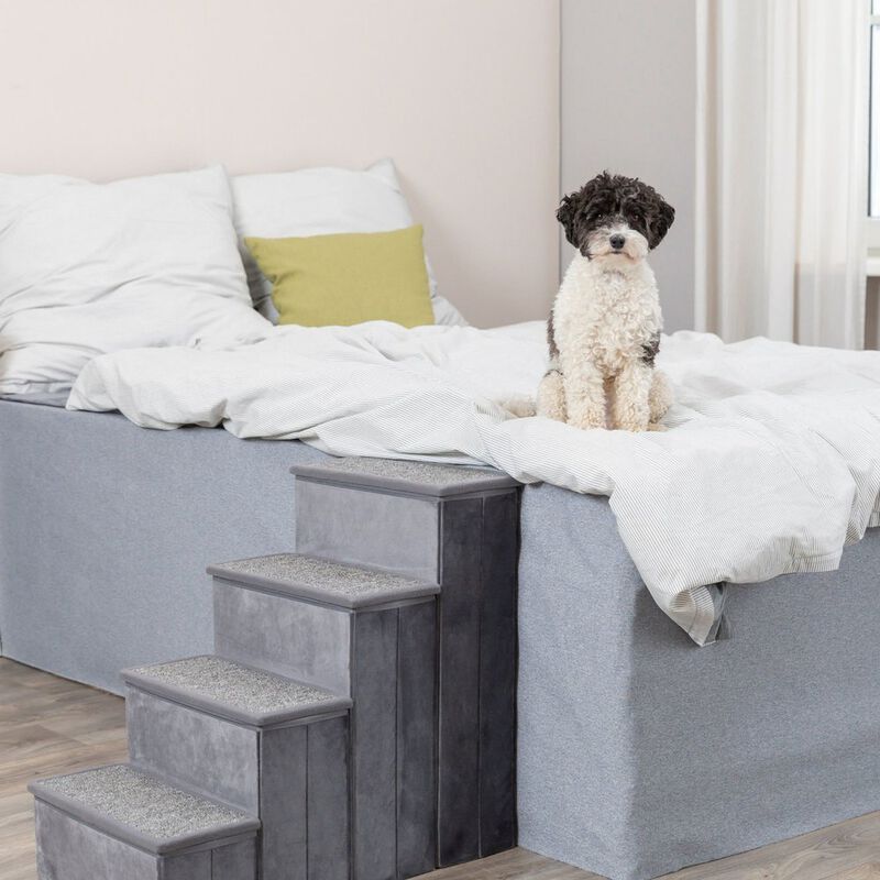 TRIXIE 4-Step Foldable Velour Pet Stairs with Storage, Gray image number 2
