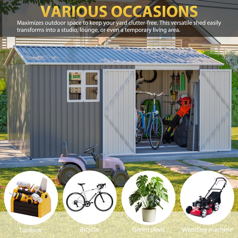 12 x 10 FT Galvanized Steel Shed, Lockable Storage for Patio & Garden image number 8