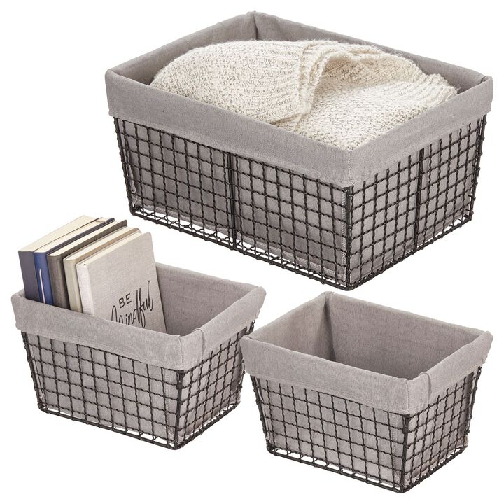 mDesign Metal Household Storage Basket with Fabric Liner, Set of 3, Black/Gray