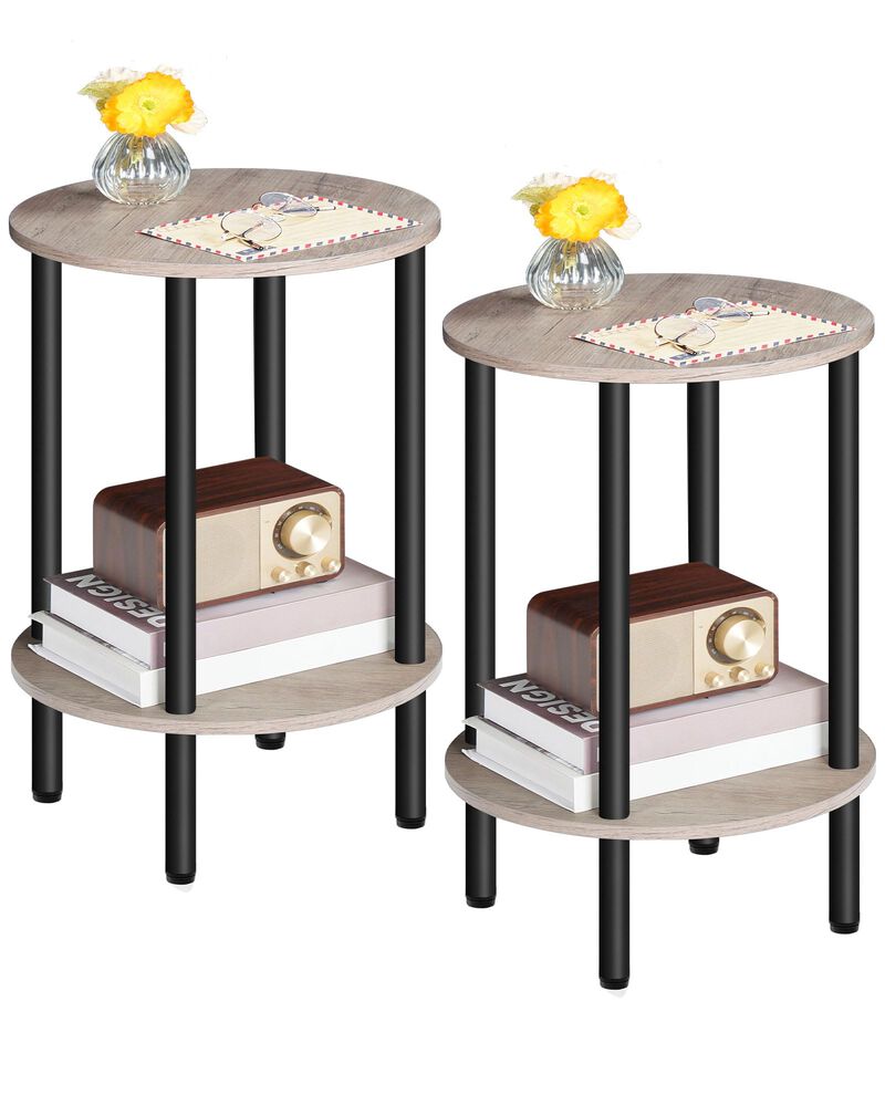 CHOEZON Round Side Table Set of 2, 2-Tier End Table, Small Nightstand with Sturdy Metal Tube, Industrial Coffee Table, for Livin