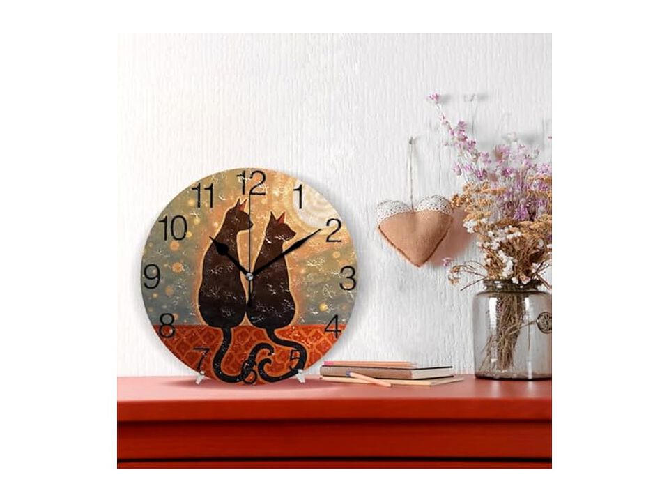 Cats Love Moon Oil Painting Wall Clock Silent Non Ticking Office Decor