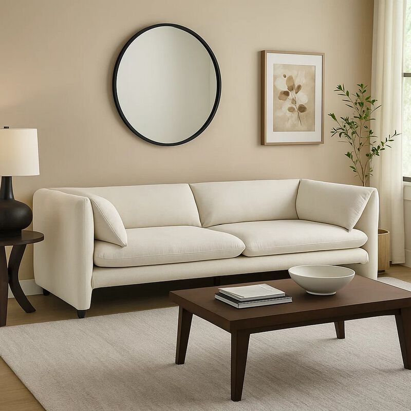 Kami Sofa, Slim Minimalist Pillow Armrests, Modern Ivory Linen 89 Inch image number 6