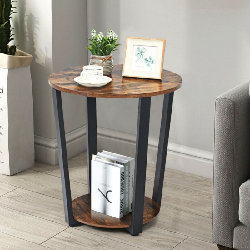 2-tier Round End Table with Storage Shelf and Metal Frame