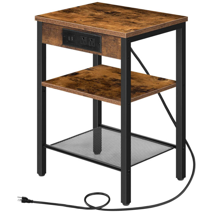 Modern 3 Tier Side Table with Charging Station, USB Port and Storage Shelves