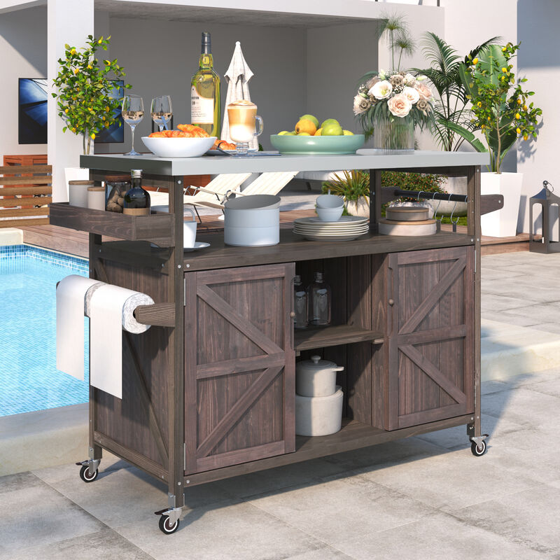 Whisen Farmhouse Kitchen Island with Storage Cabinet, Spice Rack, Towel Rack and 4 Wheels - Dark Brown